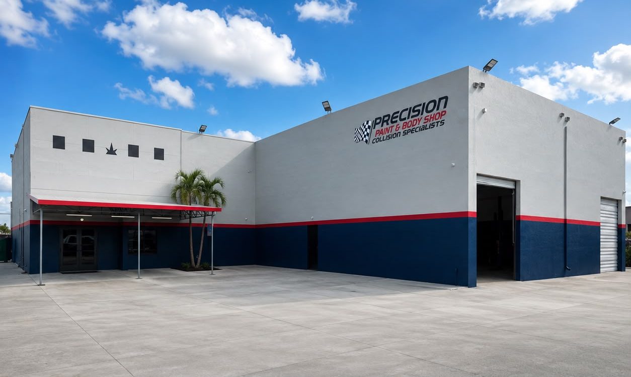 The Precision Paint & Body Shop location in Opa-locka: a navy and white building with a red stripe, the company name above the corner, a covered customer entrance on the left and open repair bays on the right.